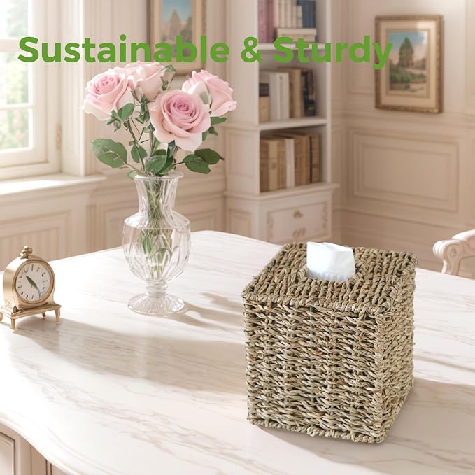 Seagrass Tissue Box Cover Square, Handwoven Facial Tissue Box Holder | Natural Seagrass, Decorative Cube Wicker Tissue Cover Tissue Holder for Bathroom Bedroom Office, Boho Decor