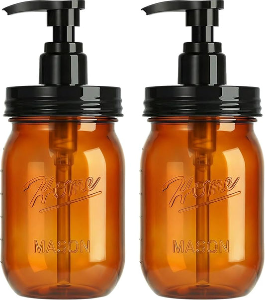 Amolliar Plastic Mason Jar Soap Dispenser with Pump Lid 16OZ, 2 Pack Amber | Refillable BPA-Free Hand Soap Dispenser Set with Cute Lables, Farmhouse Decor for Kitchen Bathroom Liquid Dish Soap Lotion