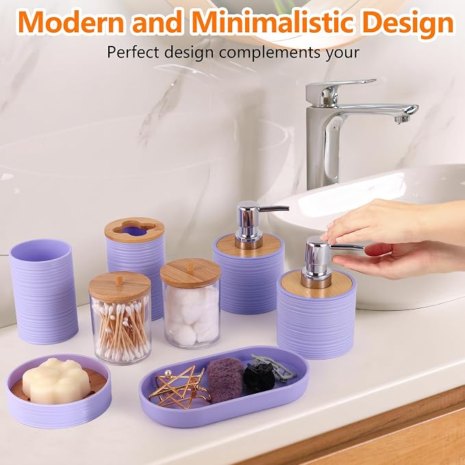 10 PCS Purple Bathroom Accessories Set with Trash Can Bathroom Accessory | All-in-One Kit with Trash Can,Toothbrush Holder,Soap Dispenser,Toothbrush Cup,Vanity Tray,Soap Dish,Toilet Brush etc for Home