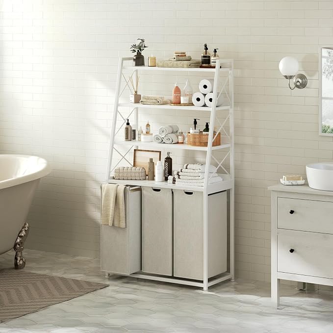 Herture 3 Section Laundry Hamper Laundry Basket with 4 Tiers Shelf | Laundry Sorter with Pull-Out Removable Large Bags, 4 x 15.87 Gallons, Metal Frame, for Laundry Room Bathroom, White PF05XLW