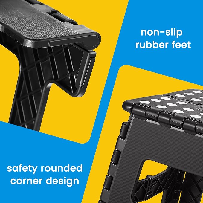 Folding Step Stool 9 Inch, Non-Slip Foldable Stools for Kids, Black | Heavy Duty Collapsible Foot Stool, Lightweight, Holds 300 lb for Toddler/Adults Kitchen Bathroom Bedroom Outdoor, with Handle