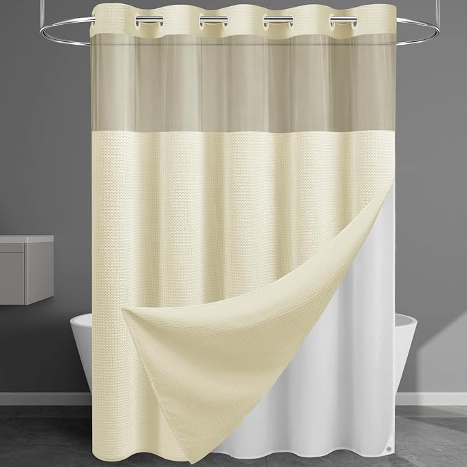 EUTXL Heavyweight No Hook Shower Curtain with Liner, Ivory,71x86 | Snap in Liner, 256GSM Thick Waffle Fabric, Hotel Luxury Spa, Corner Magnets, Quick Dry, Waterproof & Washable, Extra Long