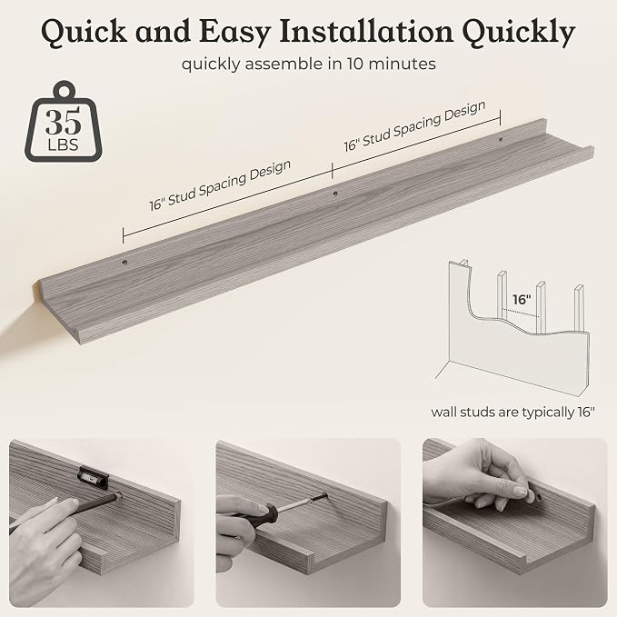 Oak Picture Ledge Shelves for Wall, 4.5" Deep Wood Floating Shelves with Lip for Bedroom, Living Room, 36" Width, Color Oak Set of 2