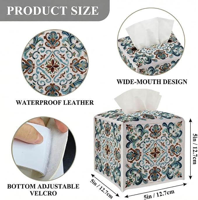 Tissue Box Cover Holder Square - Vintage Boho PU Leather Decorative Organizer, Ethnic Carpet Pattern Design Inspired, with Bottom Belt for Bathroom Car Office Tabletop Home, 5x5 Inch (Blue)