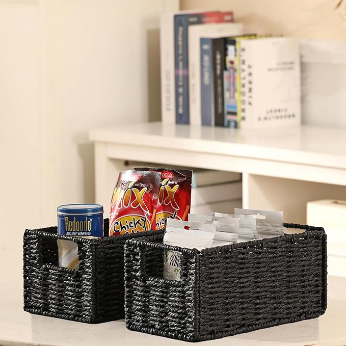 Wicker Storage Basket, Set of 2 Black Wicker Baskets for Bathroom | Hand-Woven Wicker Small Storage Baskets for Organizing Toilet Paper, Foldable Large Cube Storage Organizer Bin for Shelves