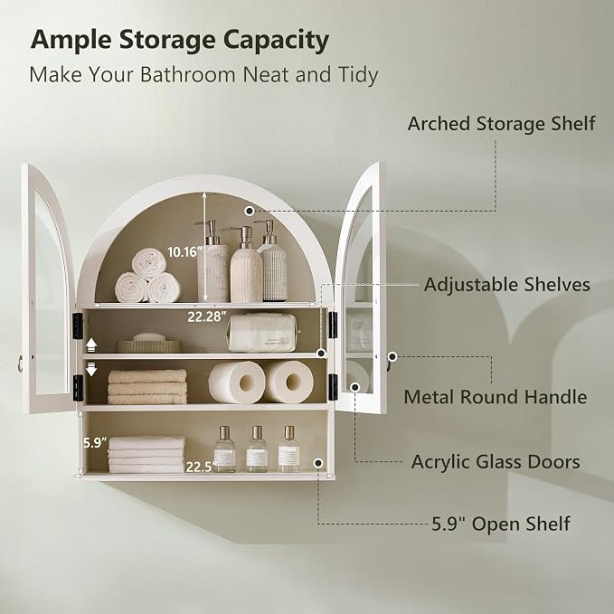 IFGET Bathroom Arched Wall Cabinet, 23.6'' Wide Medicine Cabinet with Adjustable Shelves & Glass Doors, Over The Toilet Storage Wall Mount Cabinet for Laundry Room,Kitchen & Living Room, Antique White