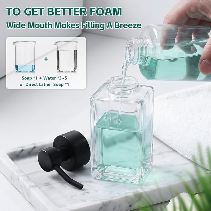 Foaming Soap Dispenser, 12oz/350ml Glass Foaming Hand Soap Dispenser Set, 3Pcs Refillable Foam Soap Dispenser With Foaming Pump, Labels, Square Foam Soap Hand Dispenser For Bathroom, Kitchen