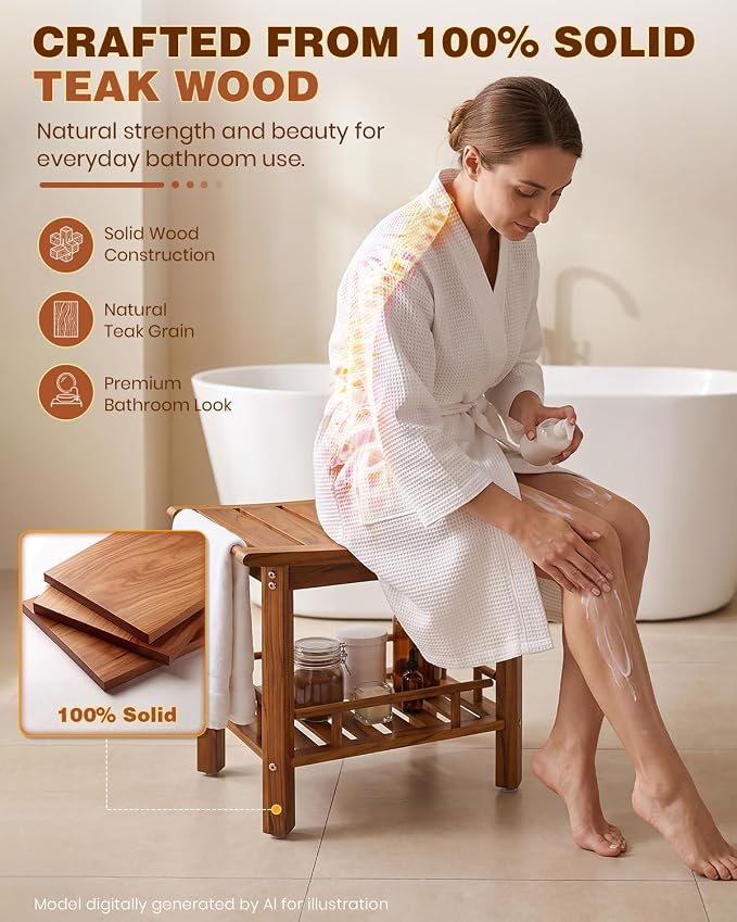 Saker 20inch Teak Shower Bench Wood Shower Stool Waterproof with Shelf | 100% Solid Shower Seat,2-Tier Shelf Non-Slip Feet wooden Shower Chair, 500 lb Capacity for Bathroom, Indoor & Outdoor Use