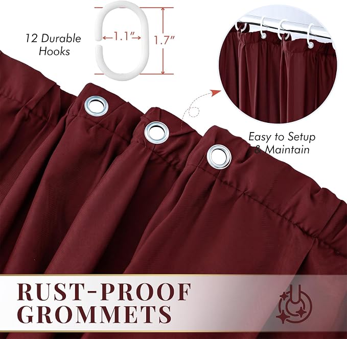 LIPA Boho Shower Curtain Rustic Ruffle Shower Curtain with Ruched & Bow Vintage Farmhouse Shower Curtains for Bathroom Bohemian Bathroom Decor(Burgundy,72x72 Inches)