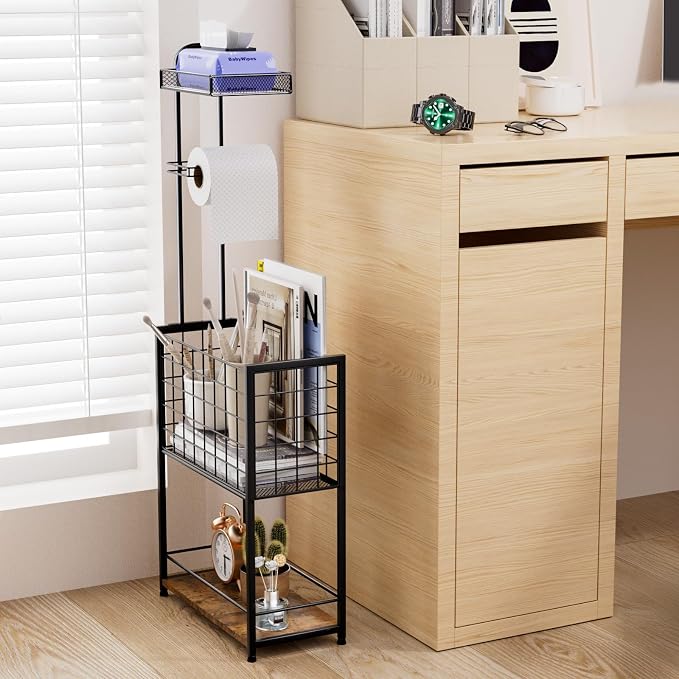 SWTYMIKI Freestanding Toilet Paper Holder - 4-Tier Free Standing Toilet Paper Holder Stand with Large Basket, Stand Mega Roll Storage Rack for Extra Rolls, Magazines, Wet Wipes, Black