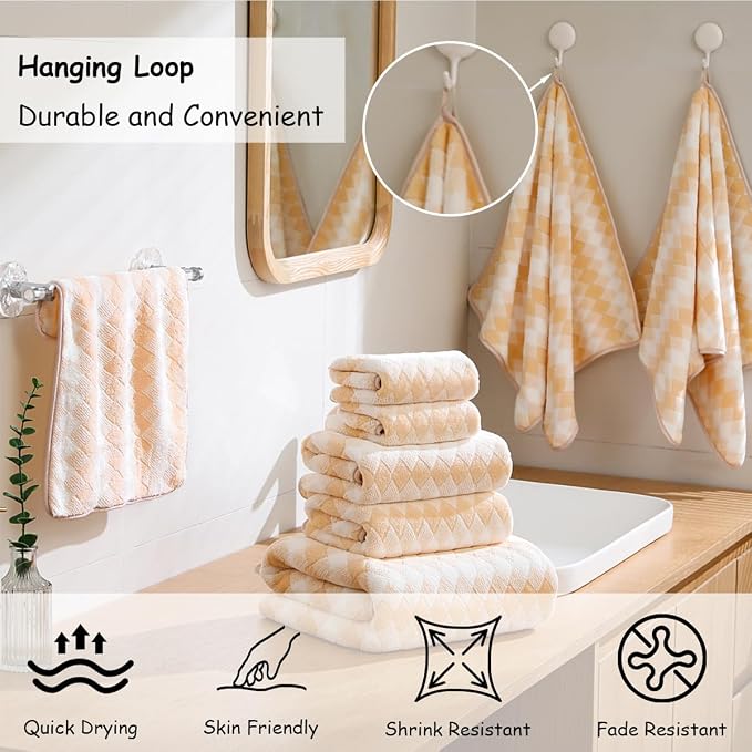 12 Pcs Yellow White Diamond Towel Set-4 Bath Towels,4 Hand Towels,4 Washcloths Soft Polyester Bath Sheet with Loop Absorbent Shower Towel Quick Dry Beach Chair Towel Family Towels for Bathroom Spa Gym