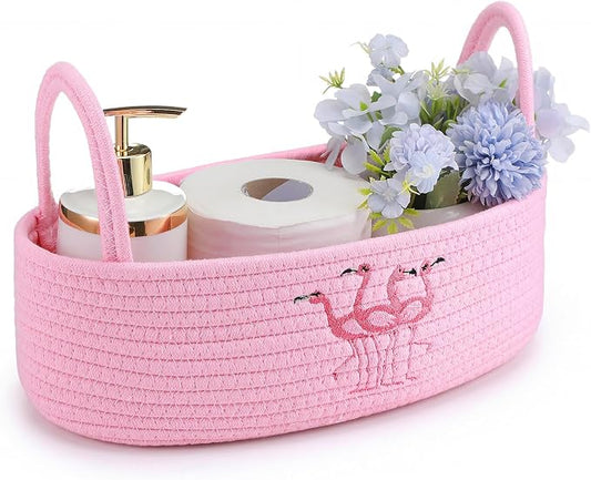 Vesici Pink Flamingo Bathroom Basket Woven Cotton Rope Storage 13x6x4 Inch | Boho Decor Basket for Countertop, Toilet Tank Organizer with Handles, Nursery Toys Storage, Bedroom Decorative Bin