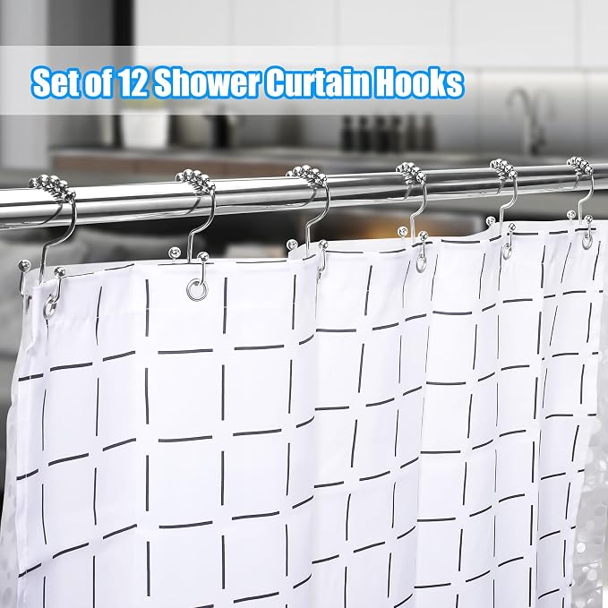 Shower Curtain Rings,Shower Curtain Hooks,Rust Proof Secure Lock Ring Clips for Hanging Bathroom Curtain (Silver E-Hooks)
