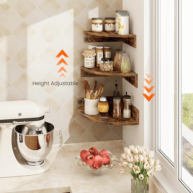 Corner Shelf Wall Mount, Set of 3 Floating Corner Shelves with Cord Hole, 3 Tier Wood Wall Display Shelf, Storage for Bathroom Living Room Kitchen Bedroom, Rustic Brown and Black