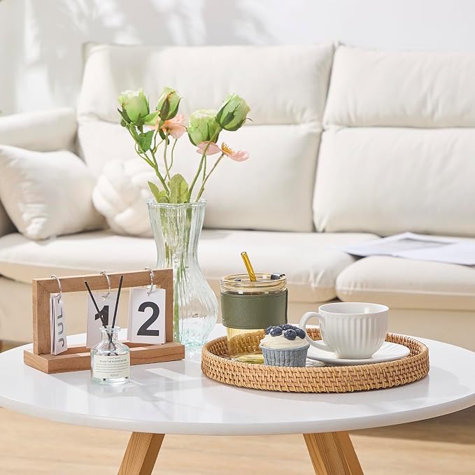 Round Rattan Tray with Mother of Pearl Inlay, Rattan Serving Tray with Wooden Base, Decorative Wicker Basket for Table Decor, Storage and Display of Coffee Bread Food Fruit (Checkerboard 13.5")