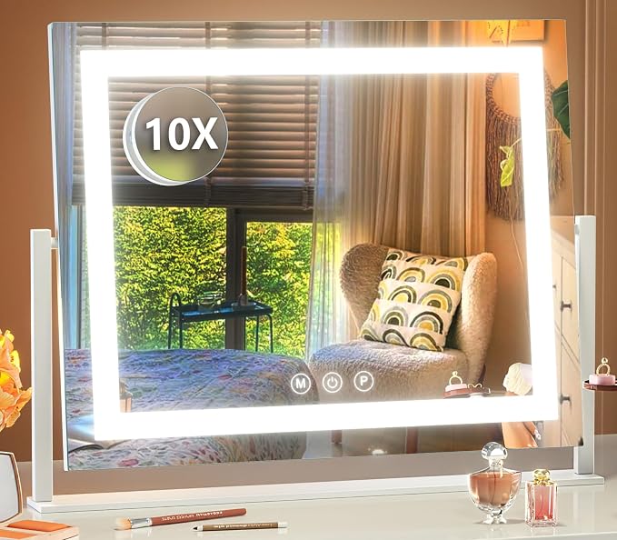 Gvnkvn Lighted Makeup Mirror, 17.3"x13" Hollywood Vanity Mirror with Lights,Three Color Lighting Modes, and 5X Magnification Mirror, Smart Touch Control, 360°Rotation (White, Gift Box)