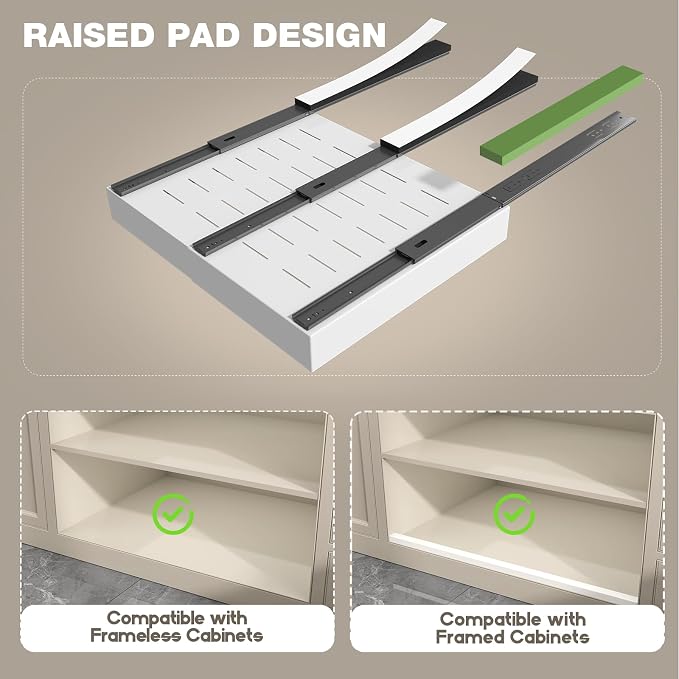 Seinloes 2 Pack Pull Out Cabinet Organizer 18" Deep,Full Extension 3 Slide Rails Slide Out Drawers With Raising Pad for Framed Cabinets,Expandable Width (12.3"-20.5"),No Drill Roll Out shelf,White