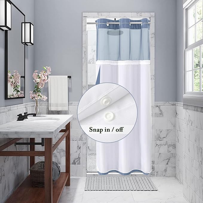 No Hook Cloth Moonlight Blue Shower Curtain with Liner, 36x74 | Snap-in Fabric Liner, Hotel Style with Mesh Top Window, Waterproof Coating, Machine Washable, Rustproof Grommets