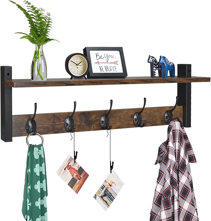 Coat Rack with Wall Mount, 24 Inch Long Entryway Wall Shelf with Hooks, Wood Hanger with Storage Shelf for Bathroom, Hallway, Rustic Brown Black