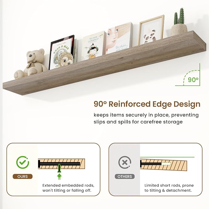 72in Floating Shelves for Wall, 72"W x 9.25"D x 1.5"H, Grey, 2Pcs | Long Wall Mounted Engineered Wood Shelves with Invisible Brackets for Living Room, Bedroom, Bathroom, Kitchen, 9.25in Depth