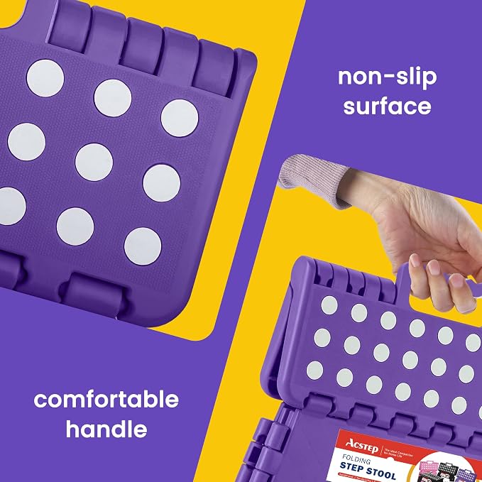 Folding Step Stool 9 Inch, Non-Slip Foldable Stools for Kids, Purple | Heavy Duty Collapsible Foot Stool, Lightweight, Holds 300lb for Toddler/Adults Kitchen Bathroom Bedroom Outdoor, with Handle