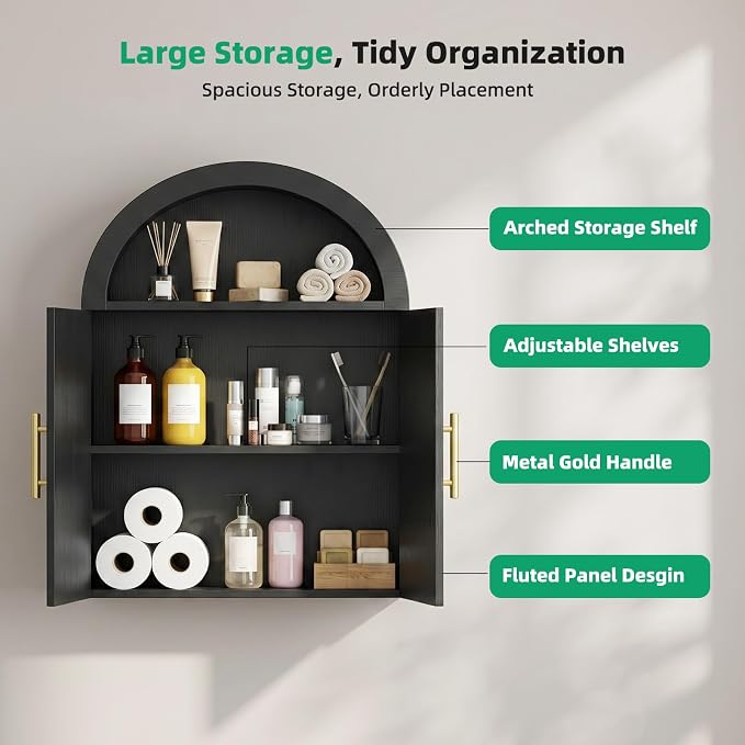 Kalrin Arched Wall Cabinet, Large Wood Bathroom Cabinet Wall Mounted Cupboard, Modern Floating Storage Cabinet with Door Adjustable Shelf, Wood Organizer Black