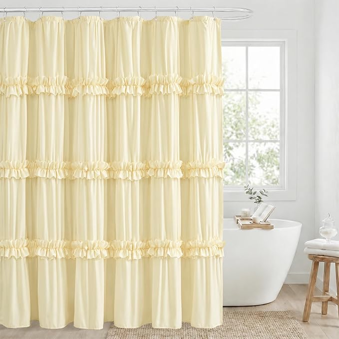 LIPA Extra Long Boho Shower Curtain Rustic Ruffle Shower Curtain with Ruched & Bow Vintage Farmhouse Shower Curtains for Bathroom Bohemian Bathroom Decor(Barely Butter,72x84 Inches)