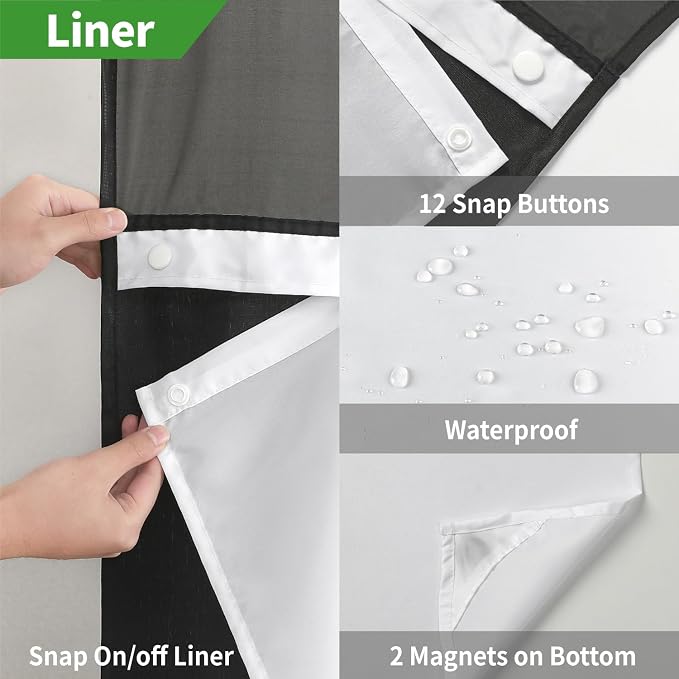 eachope No Hooks Needed Linen Textured Shower Curtain with Snap-in Fabric Liner Set,Black Hotel Luxury Decor Shower Curtains for Bathroom with Mesh Top Window,Waterproof & Washable,71Wx74H | 230GSM Thick Fabric,Hotel Luxury Decor,Mesh Top Window,Waterp...