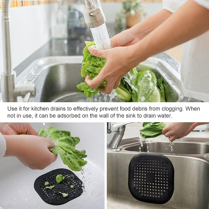 4 Pieces Shower Drain Hair Catcher Bathtub Stopper Home Drain Protectors Drain Cover with Sucker Water Trap Sink Cover for Bathroom Bathtub and Kitchen (Black)