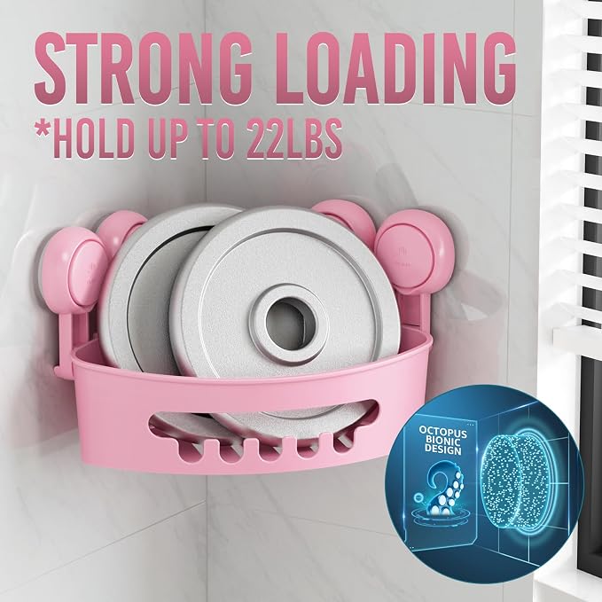 TAILI Suction Corner Shower Caddy, Bathroom Shelf Storage Basket | 2 Pack, Wall Mounted Organizer for Shampoo, Plastic Rack for Kitchen and Bathroom, Drill-Free Removable-PINK