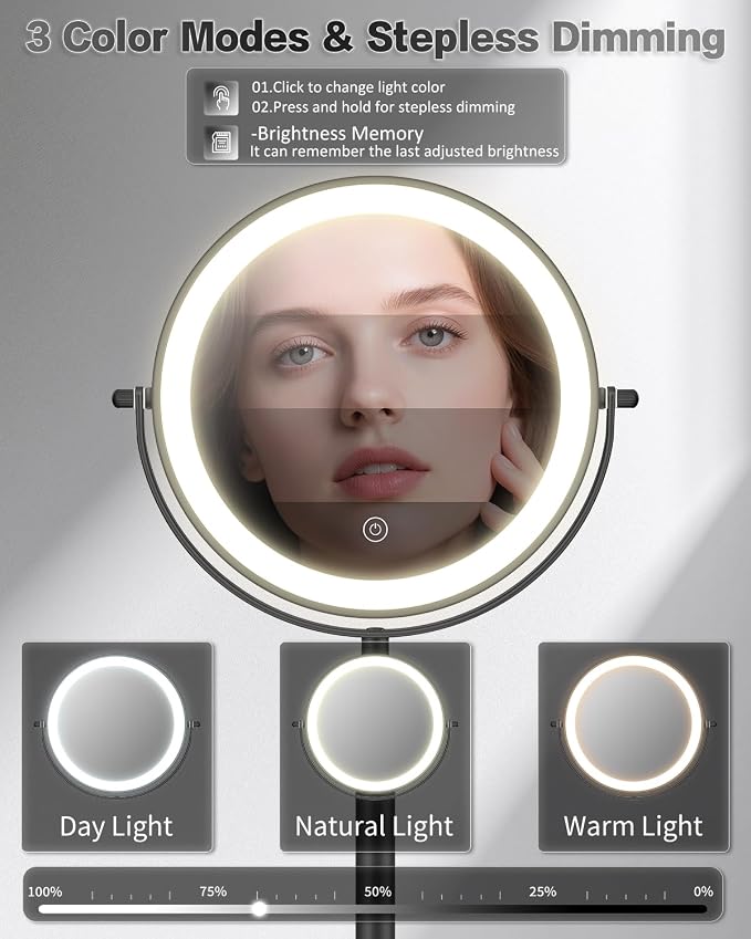 VFD 8'' 30X/1X Magnifying Makeup Mirror with Lights Height Adjustable | Lighted Vanity Mirror with 3 Color Adjustable Brightness, 3000mAh Rechargeable Double Sided Switch for Desk Women Gift