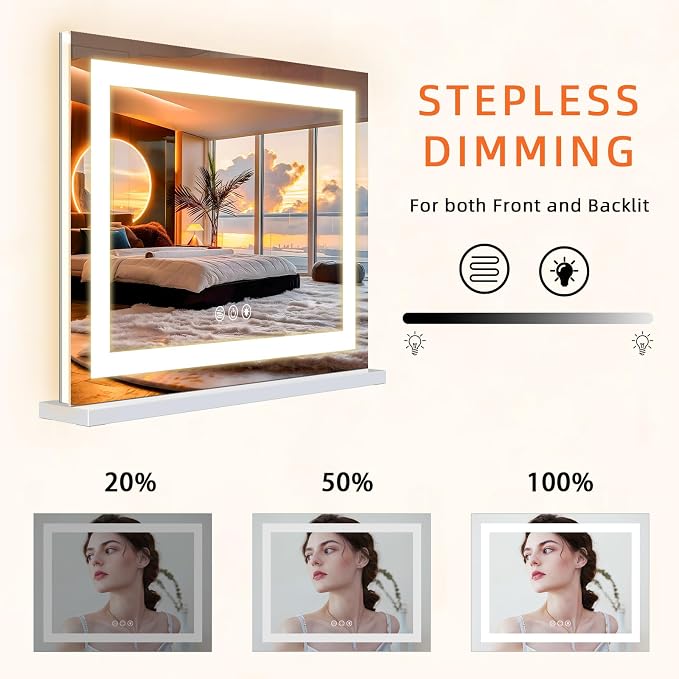 FENCHILIN Vanity Mirror with Lights, 22" x 19" Backlit + Front Lit Hollywood Makeup Mirror LED Strip with 3 Colors Modes Smart Touch for Dressing Room & Bedroom White