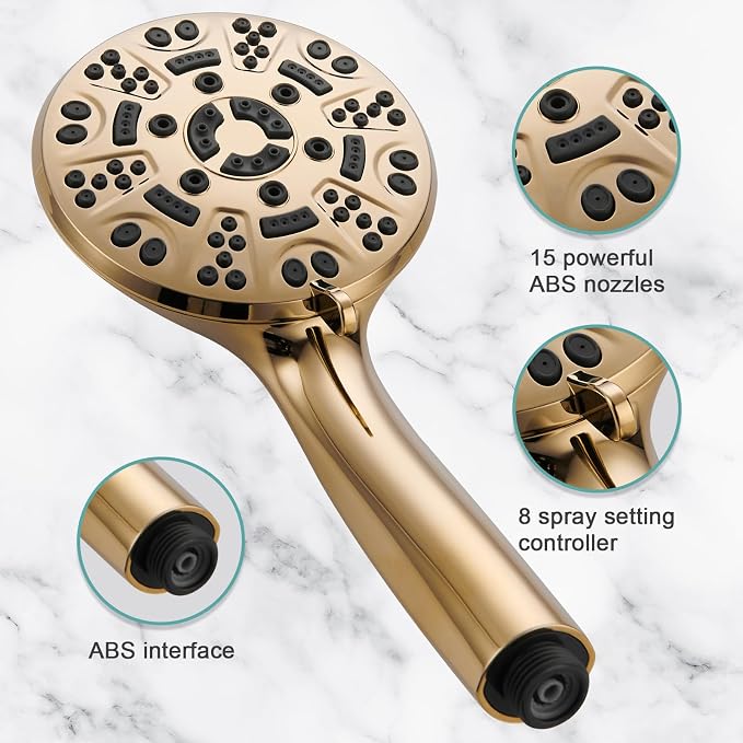 Cobbe 8-Setting Handheld Shower Head, Water-Saving Design, Gold | Trickle Pause Mode, 5ft Stainless Steel Hose, Brass Swivel Bracket, Tool-Free Installation