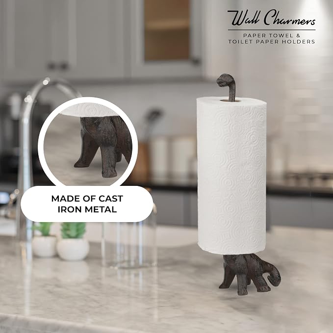Rustic Paper Towel Holder, Metal Toilet or Kitchen Paper Holder for Floor or Countertop, Rustic Dino | 18.6 inch tall rustic bronsze cast iron hand towel holder for kitchen countertop or bathroom with weighted base, no assembly