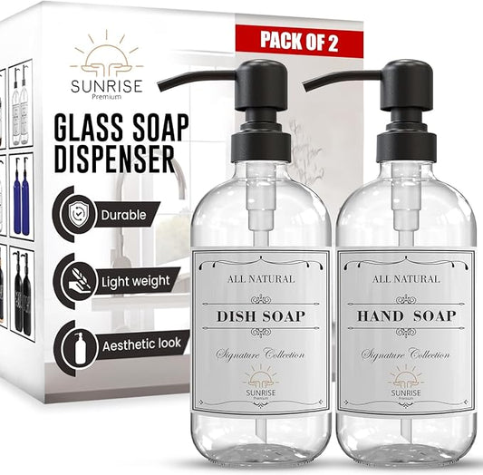 Clear Glass Soap Dispenser with Pump, 16 oz | Clear Glass, Matte Black Stainless Steel Pump, Bathroom and Kitchen Sink use, 6 Waterproof Labels, (Pack of 2)
