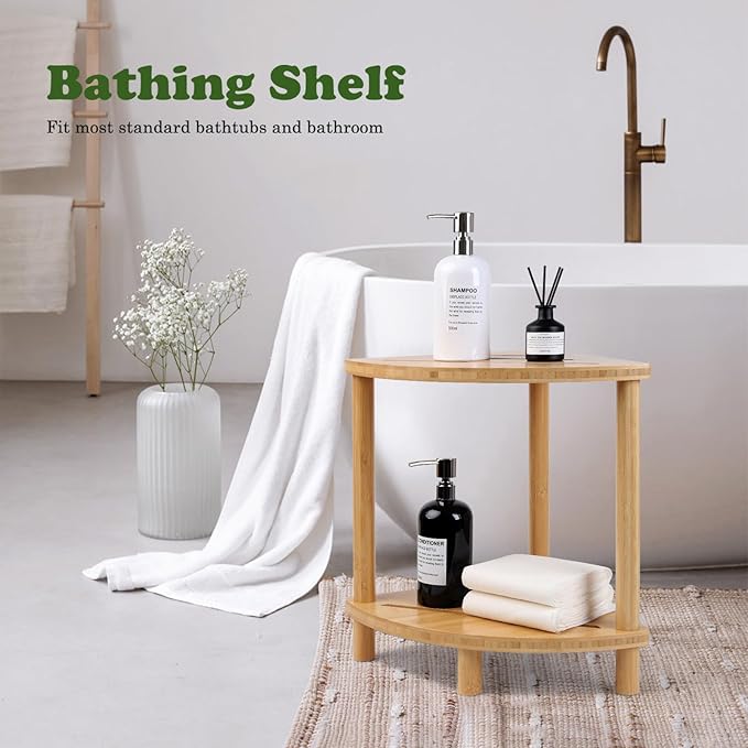 Bamboo Shower Stool for Inside Shower 2-Tier,Corner Shower Bench | Waterproof,Shower Foot Rest with Storage,Space-Saving,Bath Stool For Shaving Leg,Shower Shelves,Shower Caddy,Easy to Assemble