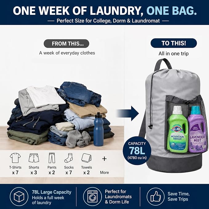 Backpack Laundry Bag, Durable polyster Laundry Backpack Bag with Shoulder Straps, Drawstring Closure & Mesh Pocket, Large Clothes Hamper for Dorm, Travel, Laundromat (Gray)