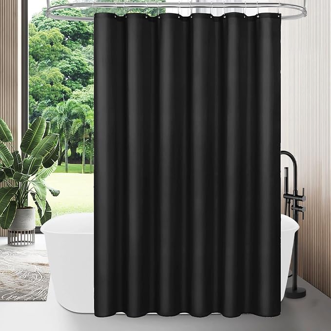 MitoVilla Stall Half Size Shower Curtain Liner, 36 x 72 Inch Fabric Bath Curtain Liner for Modern Hotel, Black Shower Liners, Washable & Water Repellent