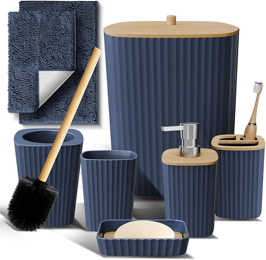 Clara Clark Bathroom Set - Navy Blue Bathroom Accessories Set, 6PC Bathroom Accessory Set, Bathroom Sets with Bathroom Rugs, Toilet Brush, Trash Can & Soap Dispenser