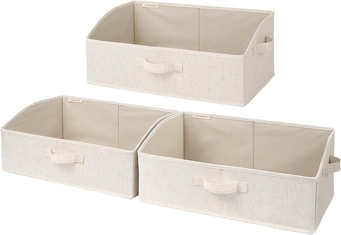 StorageWorks Closet Storage Bins, Beige(Cotton-linen), Large, 3-Pack | Linen Closet Organizer and Storage, Closet Organizer Bins, Shelf Baskets for Clothes, Purses, Towels