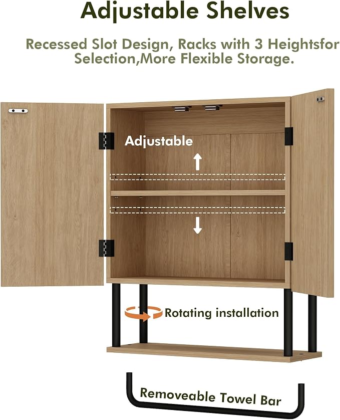 RUSTOWN Fluted Bathroom Wall Cabinet with 2 Doors, 3-Tier Medicine Cabinet | Modern Farmhouse Wall Mounted Cabinets, Over The Toilet Storage Cabinet, Adjustable Shelf and Towel Bar, Medium