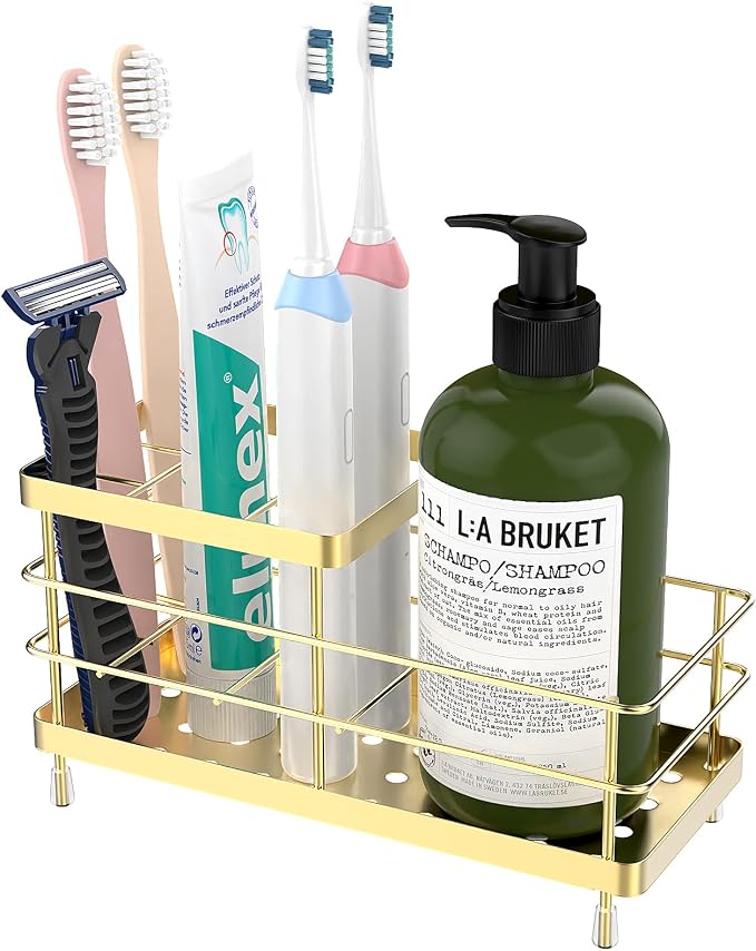 Luxspire Toothbrush Holders for Bathroom, Stainless Steel, 6 Slots, Gold | Toothbrush Holders With Drainage, For Bathroom Countertop & Kitchen Sink, Bathroom Accessories