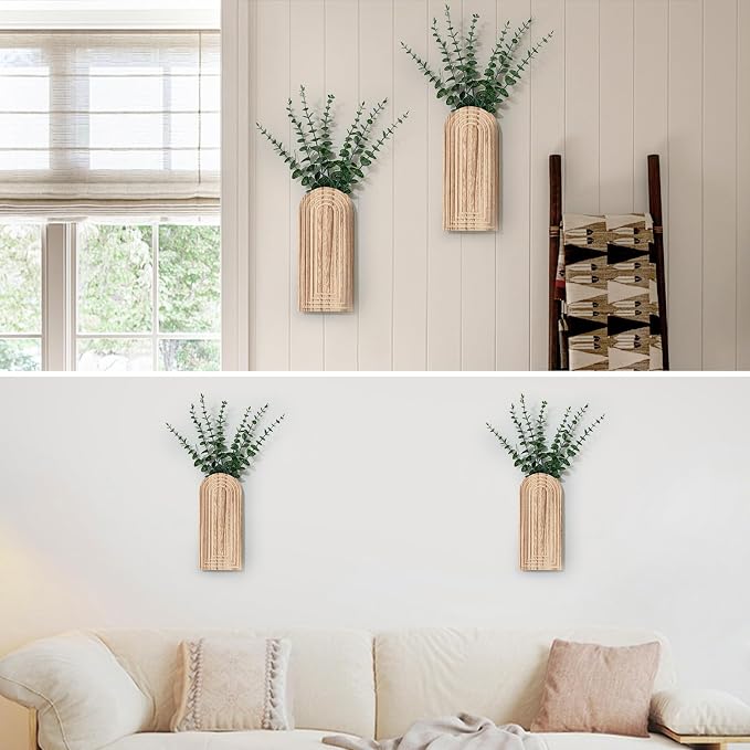 Handmade Wooden Wall Vases Set of 2 for Plants | Boho Rustic Farmhouse Decor for Indoor Artificial Plants and Flowers. Perfect for Living Room, Bedroom, Bathroom, or Patio