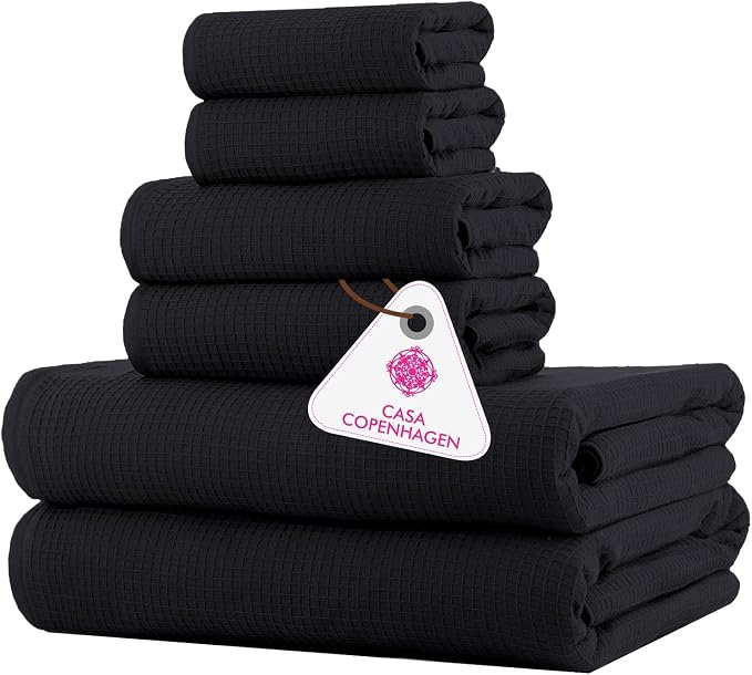 CASA COPENHAGEN Waffle 6Pcs 100% Egyptian Cotton Large Designer Towels Gift Set- Black, 2Bath 2Hand 2Washcloths, Bath Towels for Bathroom (Box Pack, Set for Women & Men)