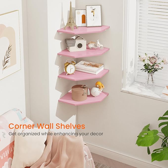 Corner Shelf Wall Mount, Set of 4 Corner Floating Shelves, Wood Hanging Storage Shelving with Cord Hole, Wall Shelf Organizer for Bathroom Bedroom Living Room Office, Pink