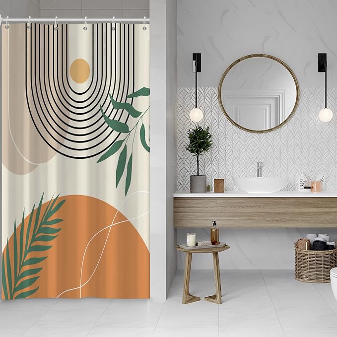 Mid Century Shower Curtain with Hook for Bathroom 54x72 Inch | Waterproof Abstract Orange and Beige Shower Curtain Set, Soft Bathroom Decor, Machine Washable