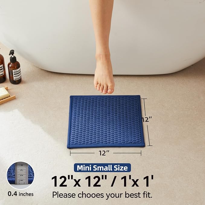 Triohero Small Bathroom Rugs Non Slip Washable Bath Rugs Super Absorbent Bathroom Rug Thin Quick Dry Low Pile Bath Mats, Navy Blue 12"x12"