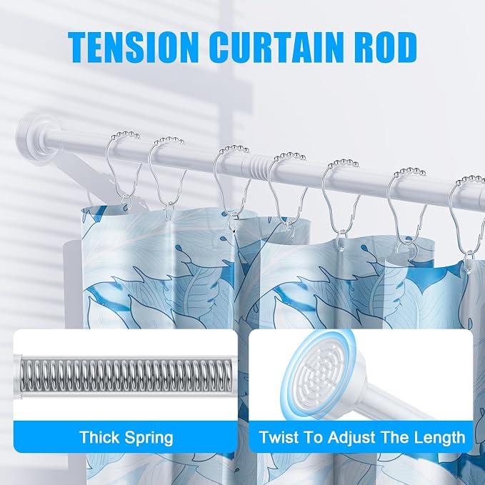 TEECK Shower Curtain Rod, 32-80 inch Adjustable Spring Tension Curtain Rod, Never Rust Anti-Slip Shower Curtain Rod for Bathroom, No Drilling, Never Collapse, Easy to Use, White
