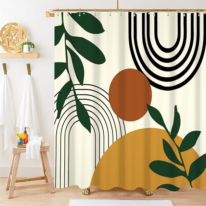 Boho Sun Shower Curtain with Hooks for Bathroom 72x78 Inch | Waterproof Mid Century Green Leaves and Arch Shower Curtain Set, Soft Beige Bathroom Decor