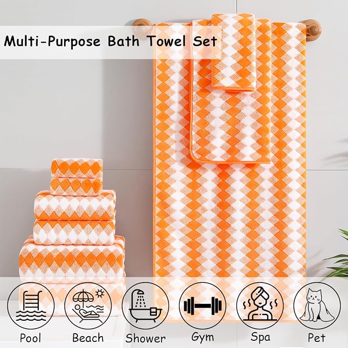 12 Pcs Orange White Diamond Towel Set-4 Bath Towels,4 Hand Towels,4 Washcloths Soft Polyester Towels with Loop Absorbent Shower Towel Quick Dry Beach Chair Towel Family Towels for Bathroom Gym Pool